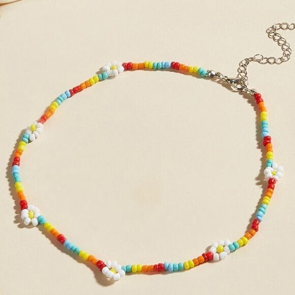 Rainbow Beaded White Daisy Choker Necklace - Picture 1 of 9
